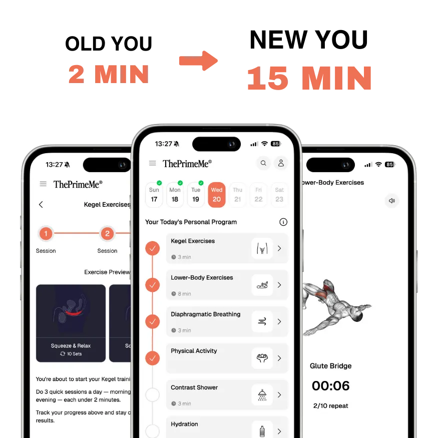 Screens from ThePrimeMe app showing guided routines and progress